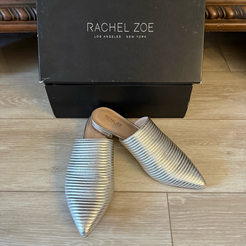 Rachel Zoe Luna Flat Mules Shoes Slip On Flats Loafers Silver metallic nappa 7